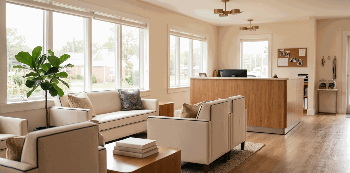 Sunlit veterinary practice lobby with seating and a reception desk